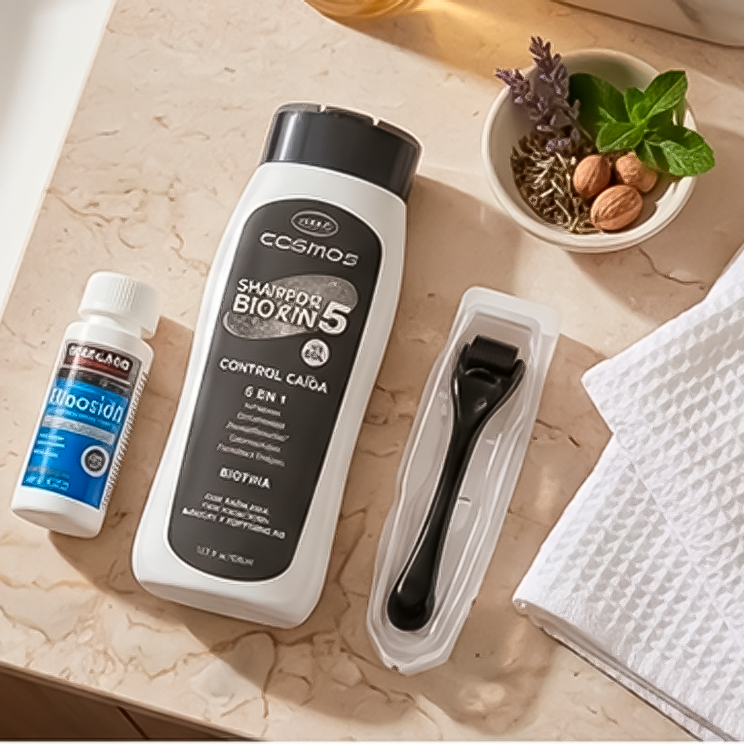 Kit Crecimiento Élite: Minoxidil Kirkland + Shampoo Bergamota + Derma Roller